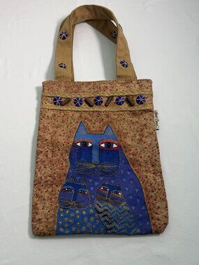 Laurel Burch Cat Tote Bag Vintage Style Canvas Handbag Blue Cats Folk Art Zipper